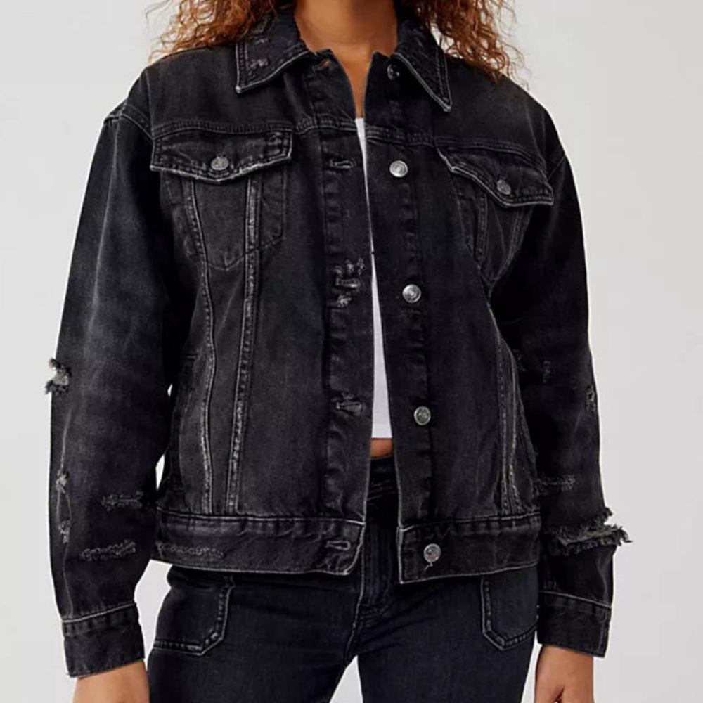 Free People Jolene Distressed Black Denim Jacket